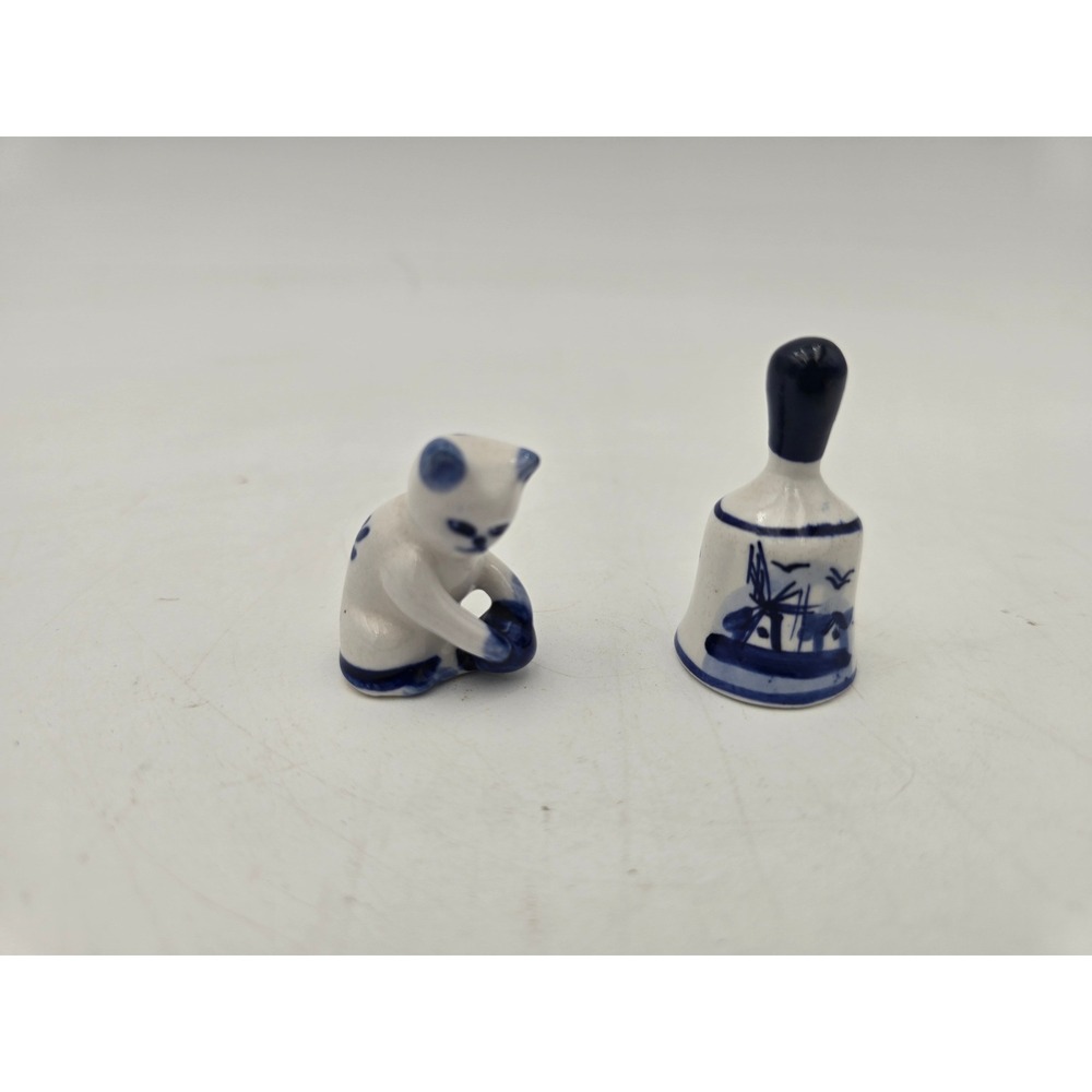 Delft Blue Miniature Porcelain Set Cat with Yarn and Windmill Hand Bell